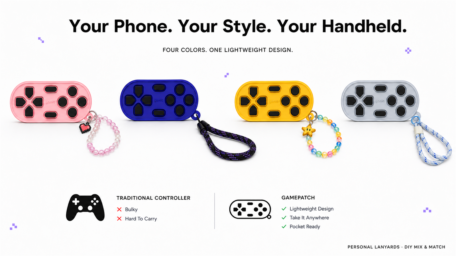 Four GamePatch colorways with personal lanyards